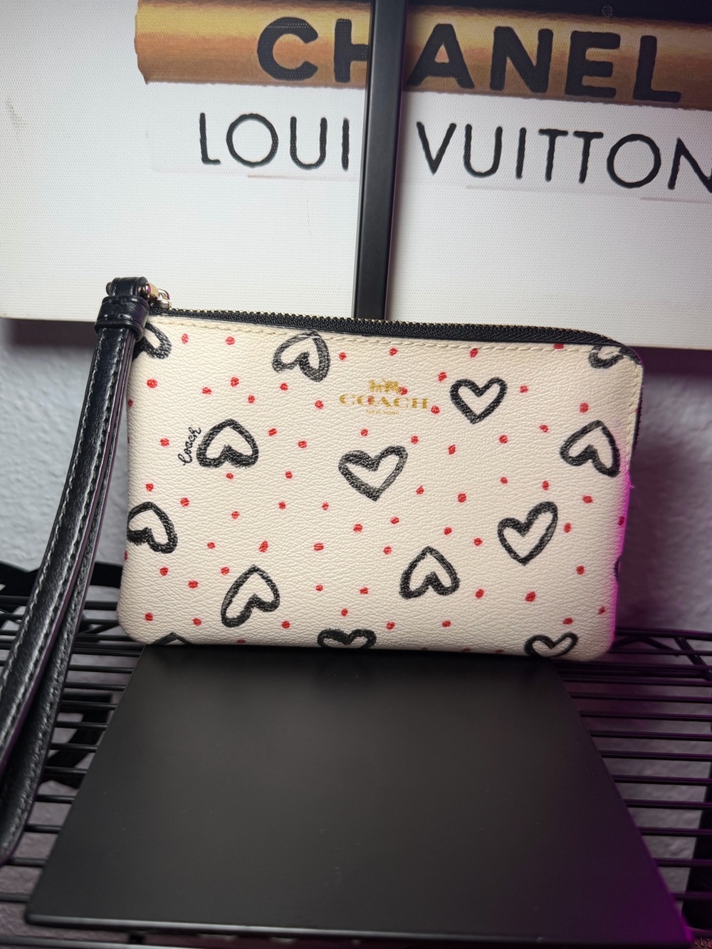 COACH Cream Heart Print Wristlet Pouch